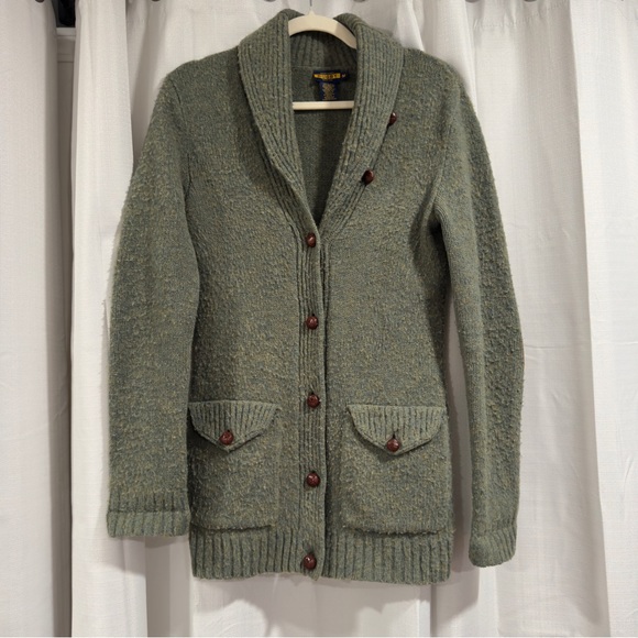 Vintage Ralph Lauren Rugby Shetland Wool Shawl Cardigan Green M